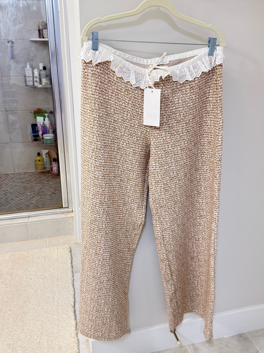 Zara Beige Knit Wide-Leg Pants with White Lace Trim